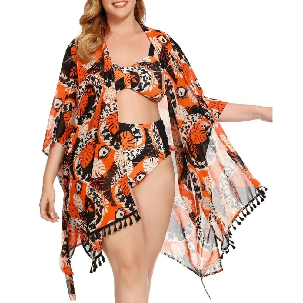 As‎ Rose Rich Kimono Swim Cover Up Floral Tassel Fringe Wrap 1X NEW